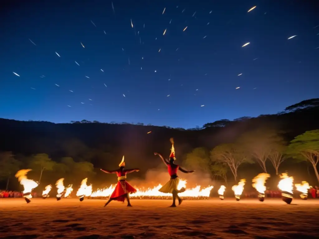 Festival Danza Fuego Swazilandia: Escena nocturna misteriosa y culturalmente rica, con bailarines en trajes tradicionales iluminados por antorchas