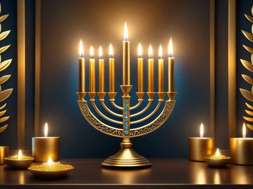 Historia y significado de Hanukkah: Hermosa imagen de una habitación iluminada con muchas menorahs doradas