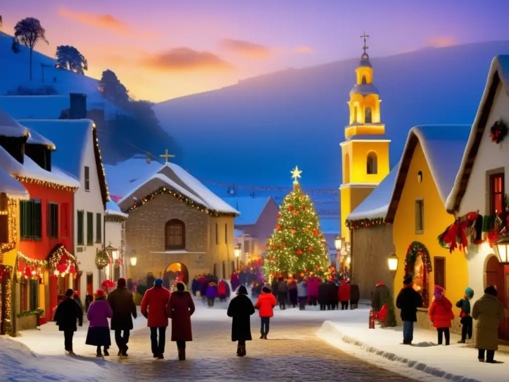 Escena mágica de Navidad: pueblo nevado, luces, decoraciones, árbol, nieve, amor y alegría