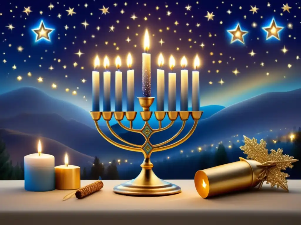 Imagen de Hanukkah: Historia y significado de Hanukkah en una hermosa noche estrellada, con una menorah decorada y delicados copos de nieve