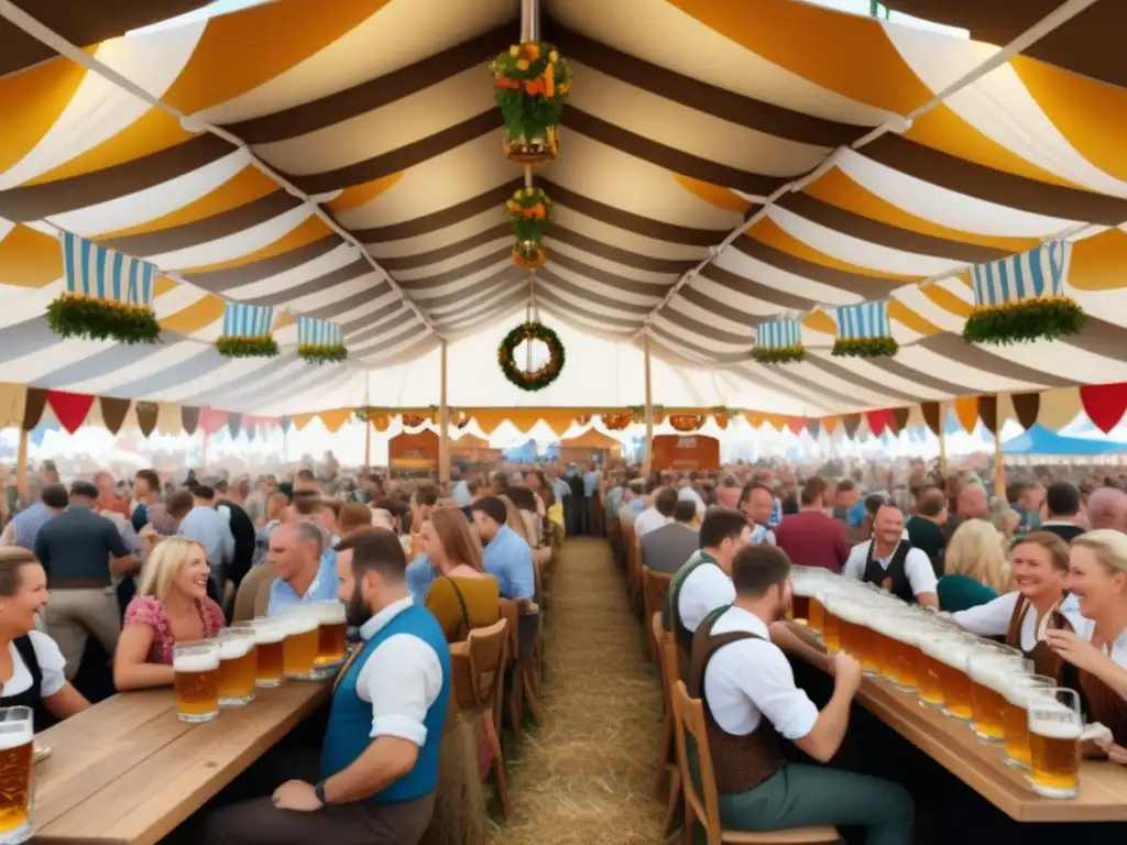 Importancia de la cerveza en Oktoberfest - Celebración vibrante en una tienda llena de gente disfrutando de su bebida