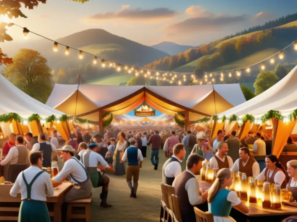 Importancia de la cerveza en Oktoberfest: Imagen mágica de una tienda de cerveza al atardecer, rodeada de un paisaje bávaro pintoresco