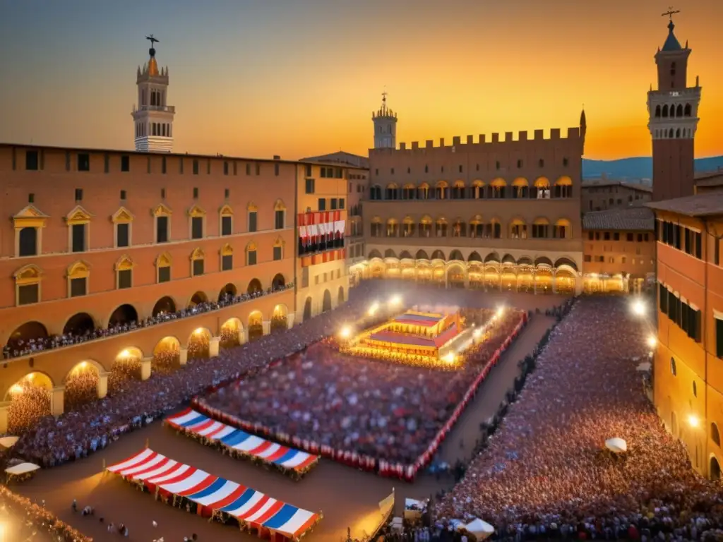 Historia y tradición del Palio de Siena: Imagen realista del emblemático Piazza del Campo, con caballo y jinete listos para la histórica carrera