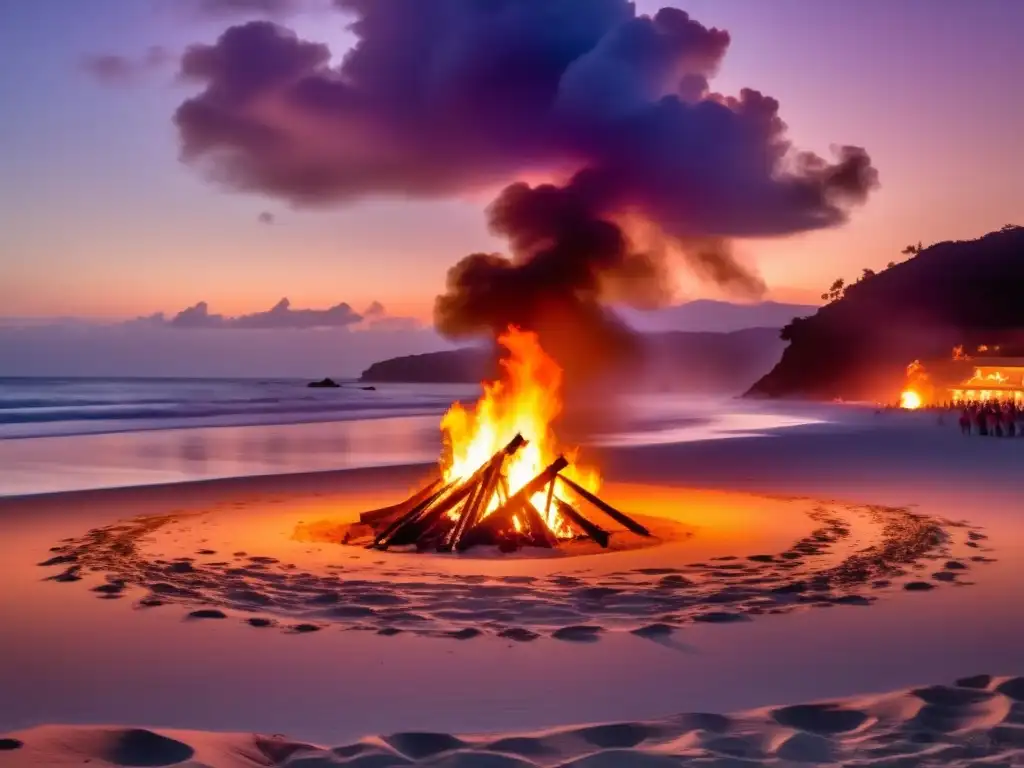 Playa al atardecer con fogata y tradición de San Juan