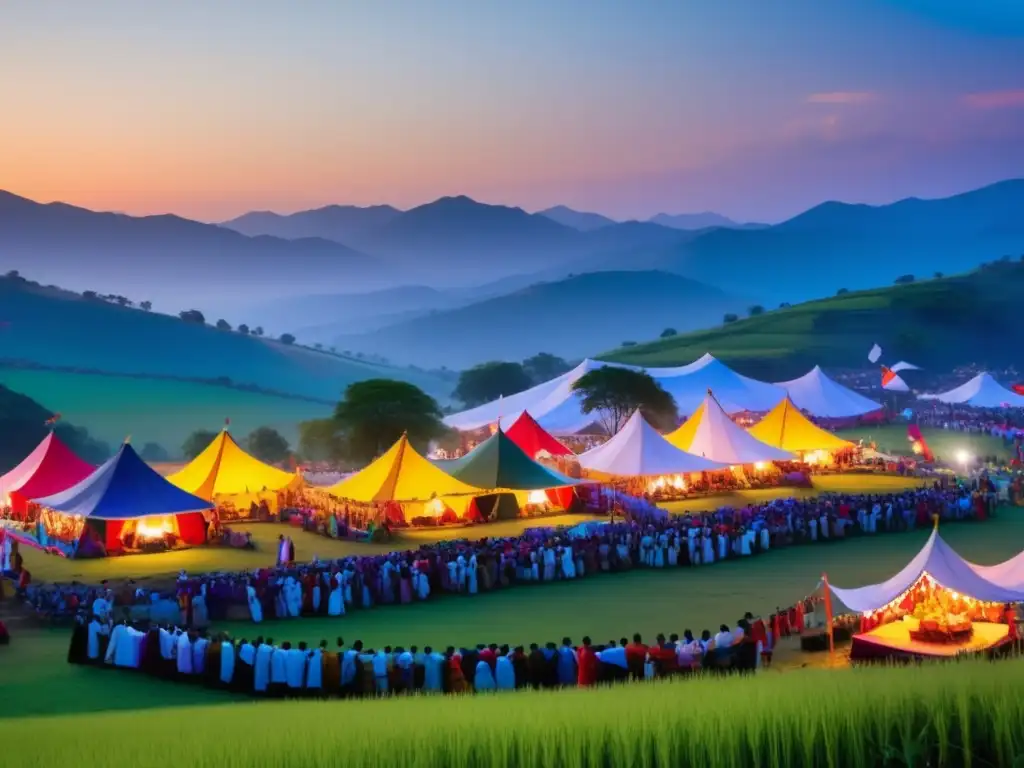 Festival tradicional sin tecnología, paisaje rural pintoresco al atardecer