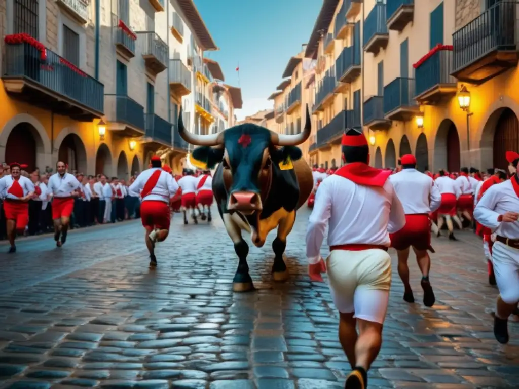 Festival San Fermín: Encierro de toros en calles históricas con participantes vestidos de blanco y rojo