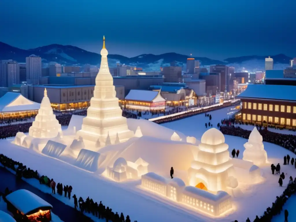 Fotorealista imagen de Sapporo, Japón en Festival de la Nieve con esculturas de nieve, linternas de hielo y paisaje urbano iluminado