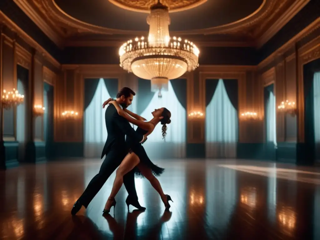 Tango: pareja apasionada en una elegante sala de baile con chandeliers y decoraciones, vestidos en trajes negros y rojo, expresando sensualidad y arte