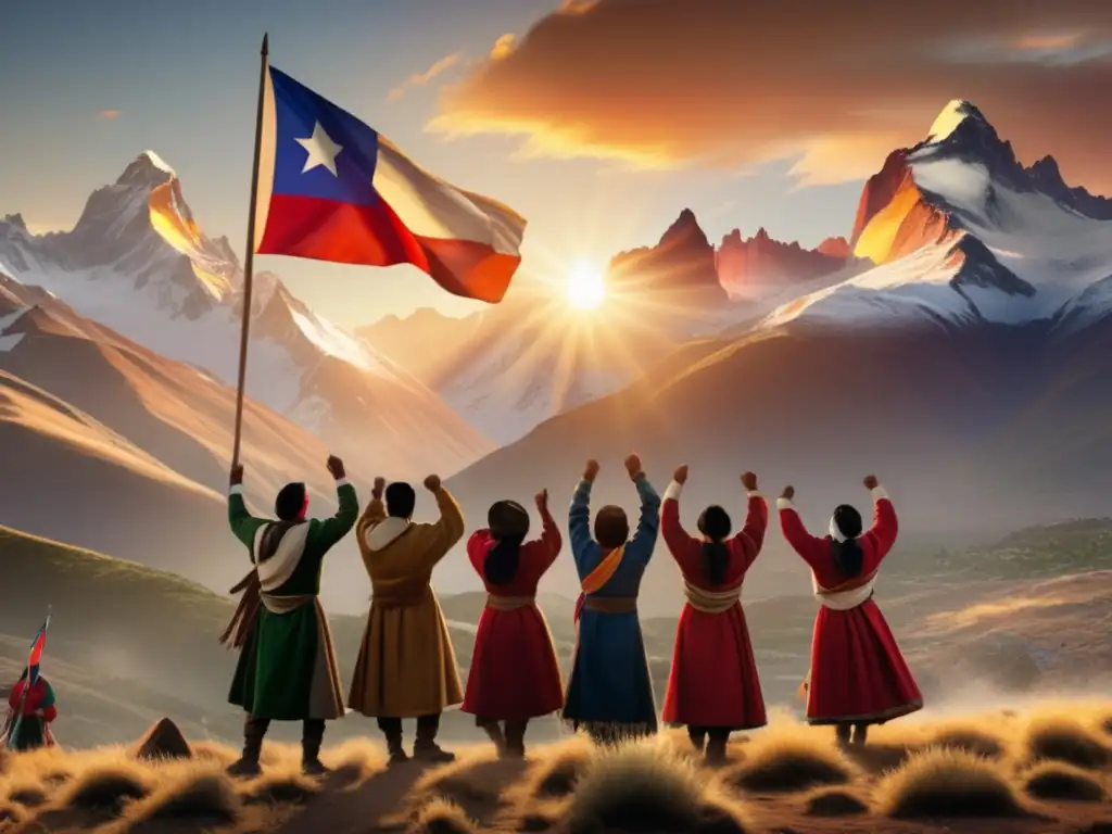 Amanecer épico en Andes de Chile, con revolucionarios y banderas en Fiestas Patrias (110 caracteres)