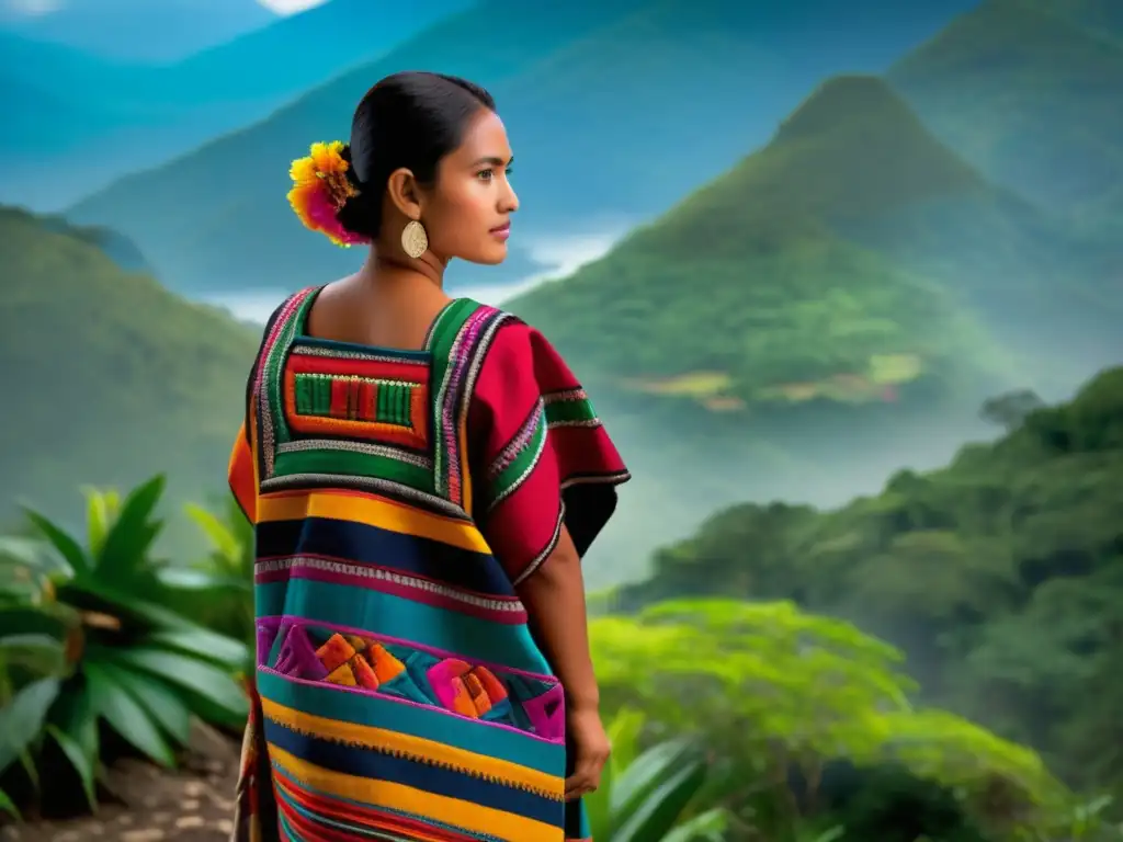 Festivales tradicionales indumentaria guatemalteca: joven maya con huipil bordado, paisaje exuberante, sonrisa radiante