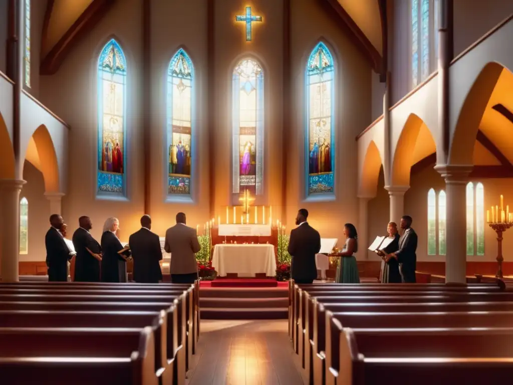 Impacto música moderna en festividades religiosas: iglesia tradicional iluminada con luz dorada, arte religioso y coro contemporáneo