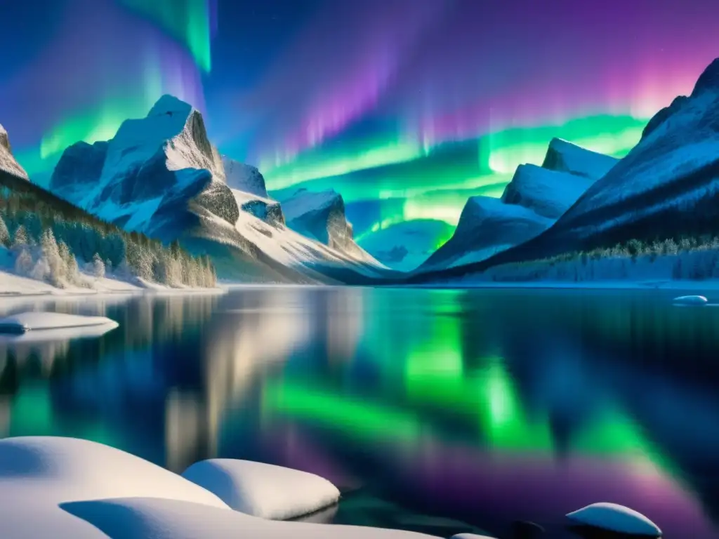 Paisaje invernal en Escandinavia con influencia de mitología nórdica y auroras boreales