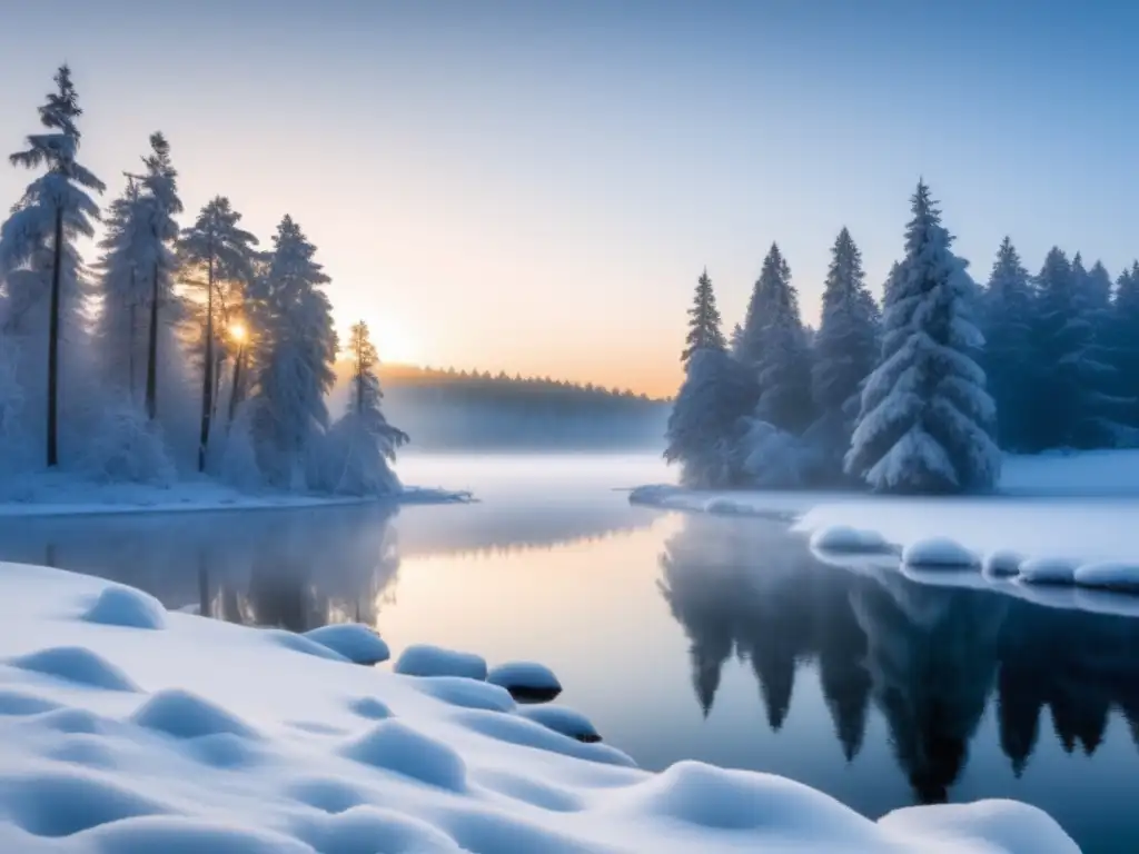 Paisaje invernal sereno con lago congelado, árboles nevados y montañas majestuosas