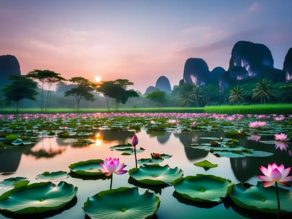 Celebración Festival Flores Loto Tailandia - Imagen mágica de un tranquilo estanque de lotos al atardecer en Tailandia