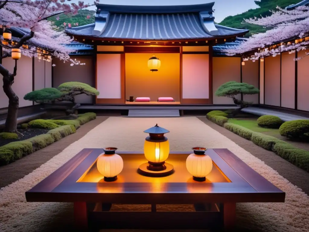 Jardín japonés al atardecer con ritual sake - festivales japoneses