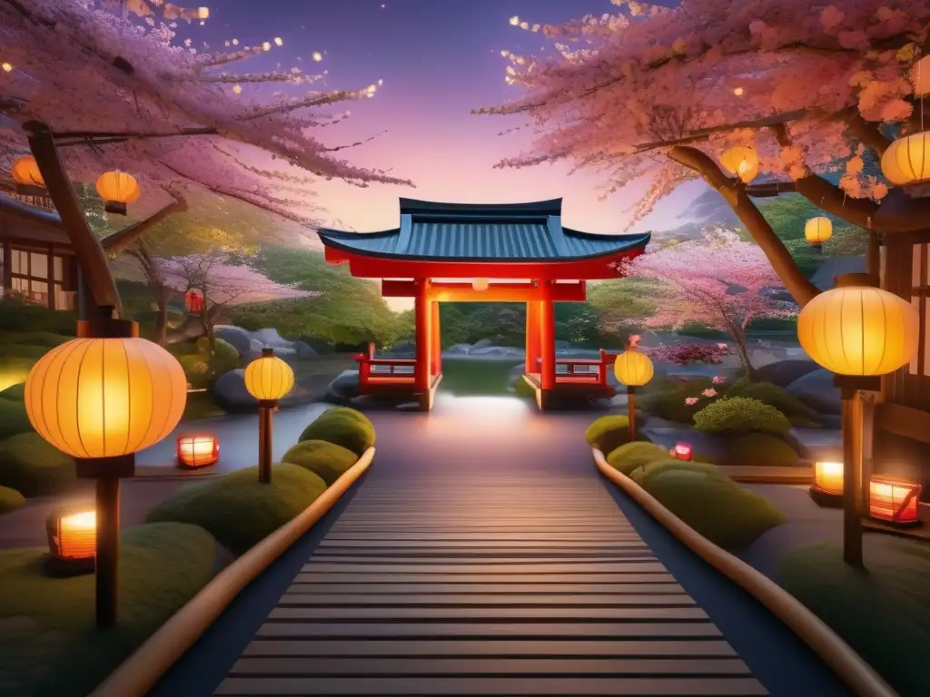 Festival Tanabata: Jardín japonés sereno con colores vibrantes, árboles en flor y pareja admirando la noche estrellada