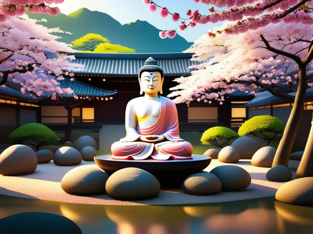 Festival Zen: Jardín Zen con árboles de cerezo en flor y estatua de Buda, celebra el nacimiento del Buda, meditación y armonía (110 caracteres)