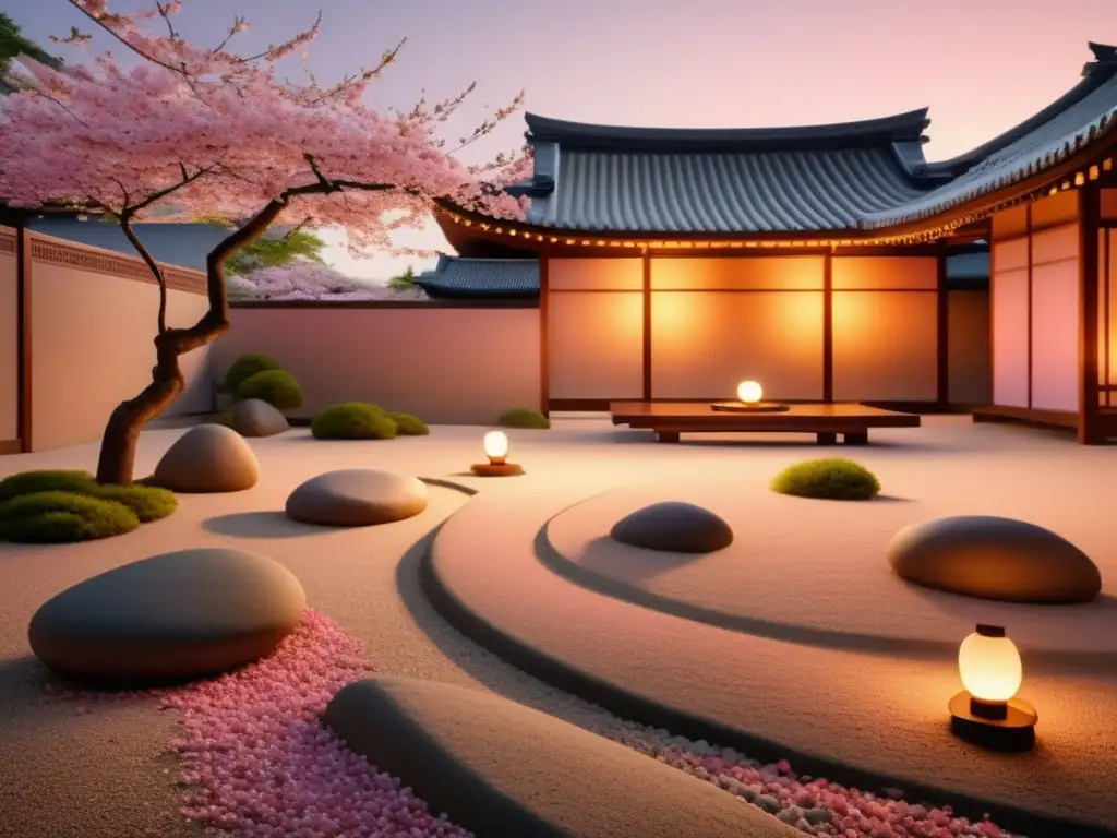 Un hermoso jardín Zen al atardecer con paisajes serenos y arquitectura tradicional