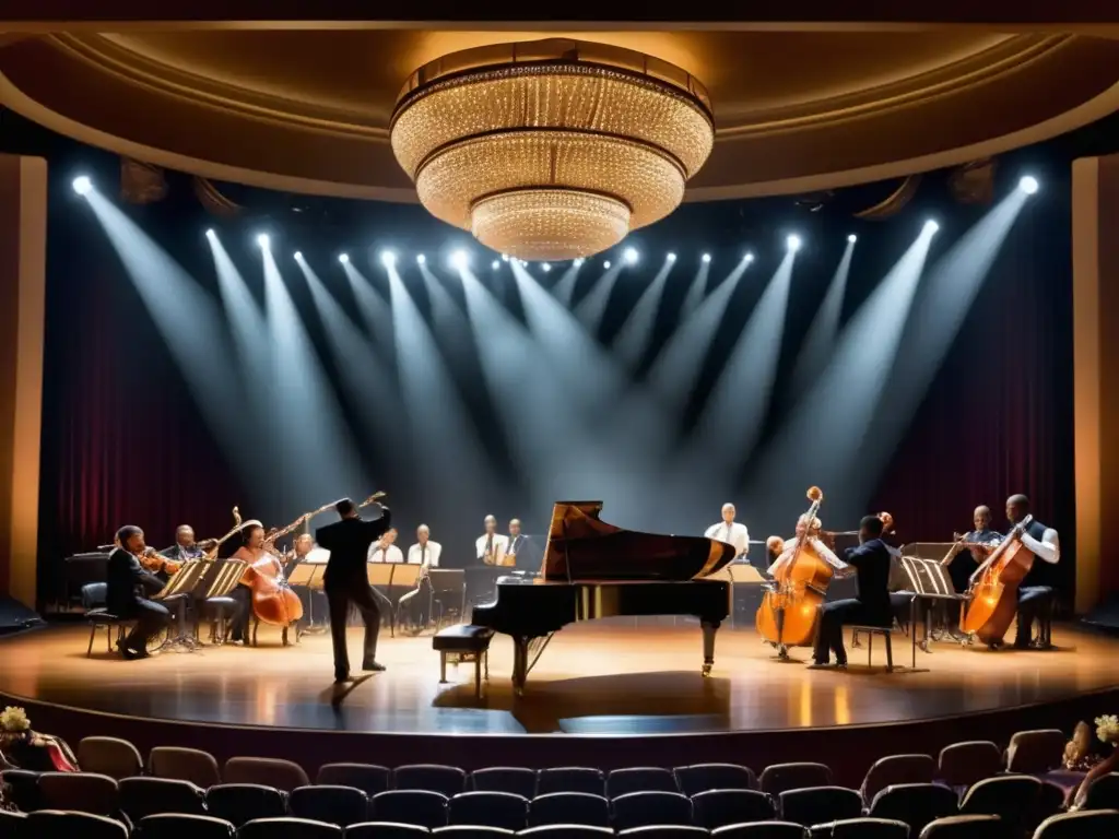 Influencia jazz y danza en festival: fascinante fusión de arte y magia en escenario iluminado, músicos y bailarines creando harmonía