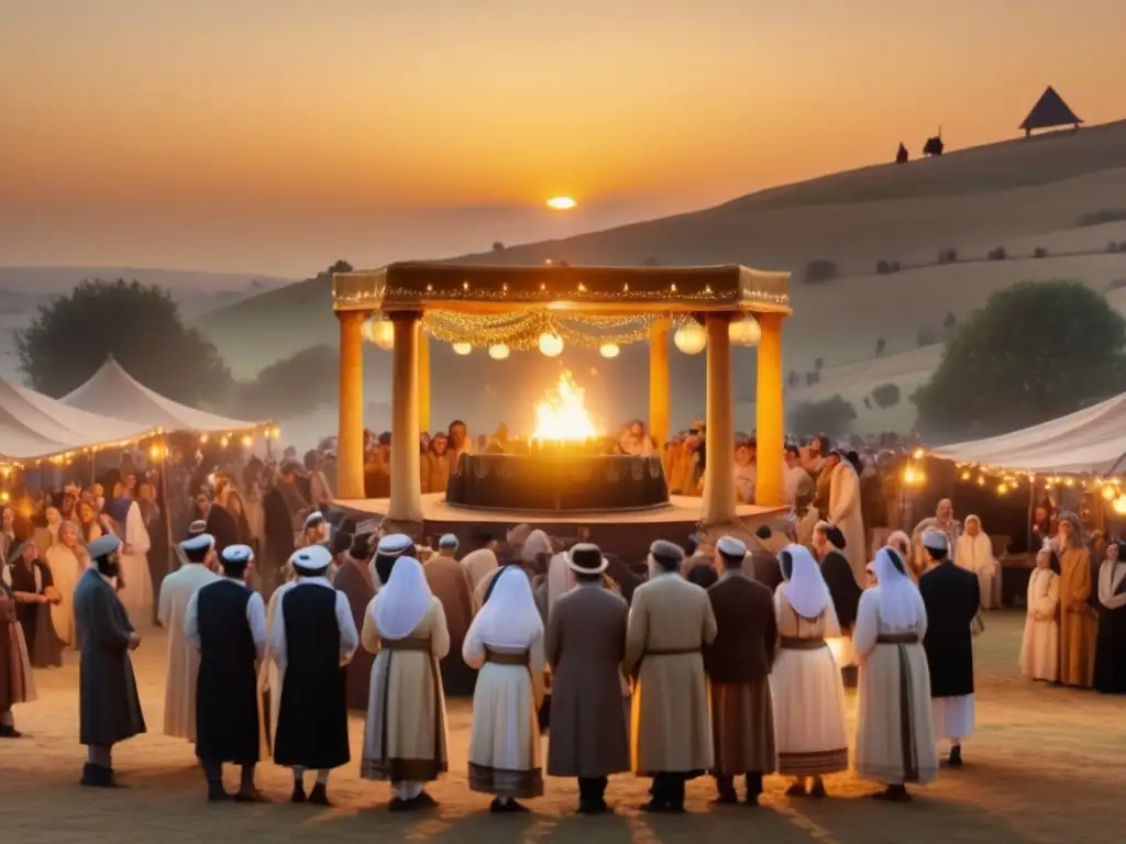 Festivales judíos tradicionales mundo: Escena etérea de un festival judío al atardecer con danza ritual y templo magnífico