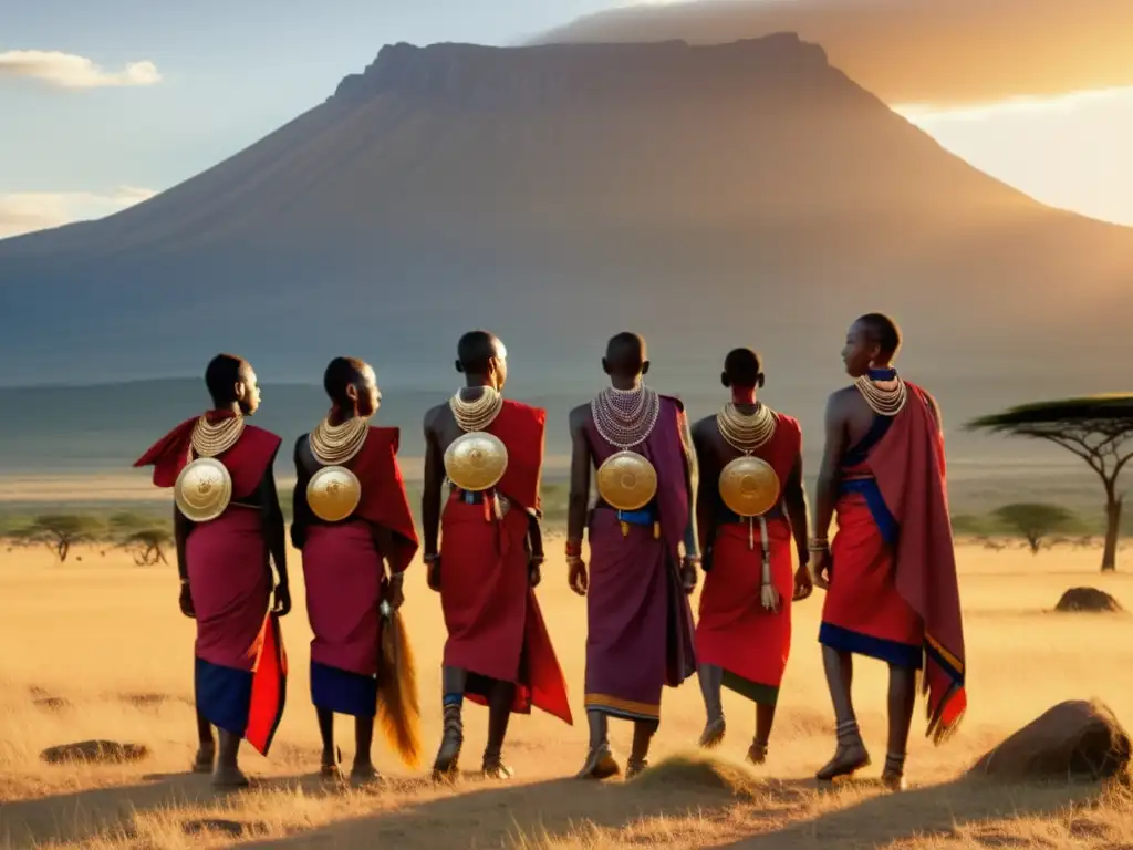 Jóvenes guerreros Maasai en la vasta sabana africana, con adornos simbólicos y el majestuoso Kilimanjaro al fondo