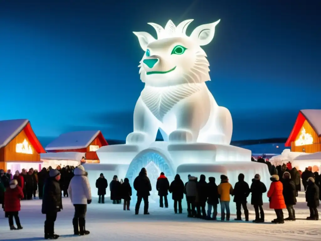 Festival de la Nieve Kiruna Suecia: Escultura de hielo mágica, multitud maravillada, paisaje nevado