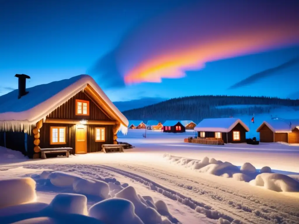 Festival de la Nieve Kiruna Suecia: Maravilloso paisaje invernal con cabina de madera, luces mágicas, banderas suecas y deliciosa comida regional