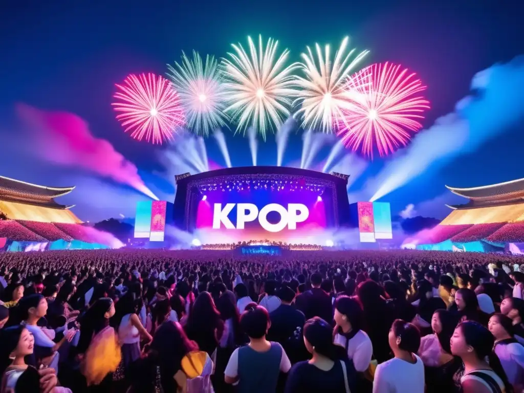 Impacto del Kpop en festivales: vibrante celebración con música, coloridos asistentes de diferentes culturas y un grupo Kpop cautivador