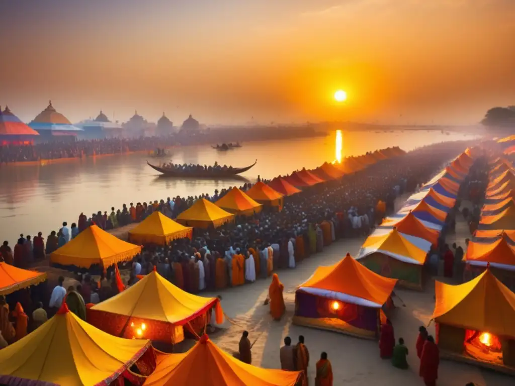 Escena impresionante del festival sagrado Kumbh Mela en India: multitudes de peregrinos, colores vibrantes y devotos sumergidos en el río Ganges