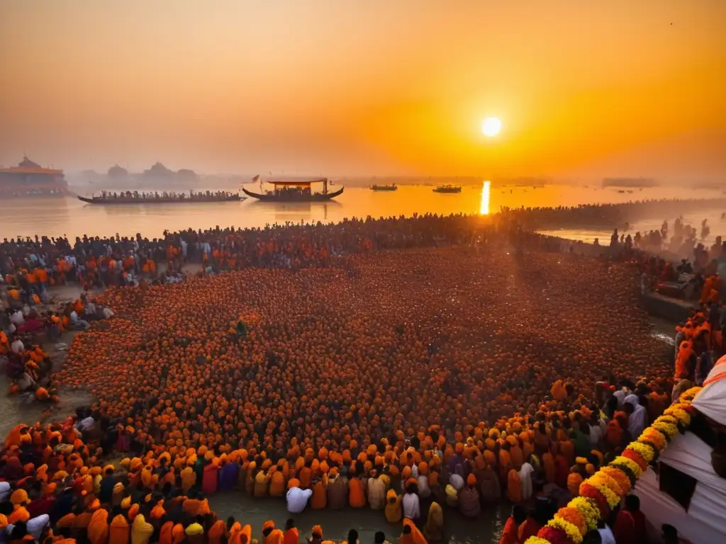 Festival Kumbh Mela: Guía completa - Devotos se bañan en el río sagrado Ganges al amanecer, creando una atmósfera espiritual y mágica