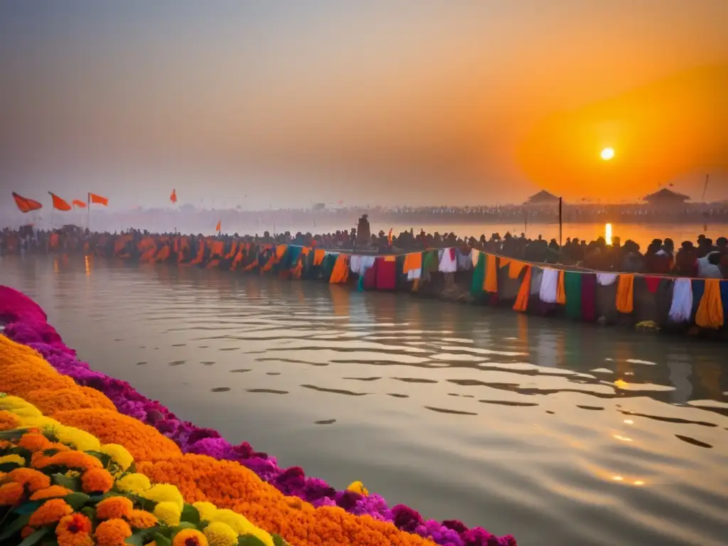 Festival Kumbh Mela: Escena sagrada de baños ceremoniales en el río Ganges