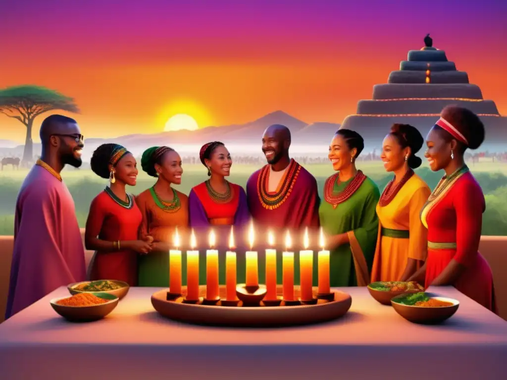 Festividad Kwanzaa: raíces africanas, celebración alegre con diversidad de personas alrededor de una kinara iluminada