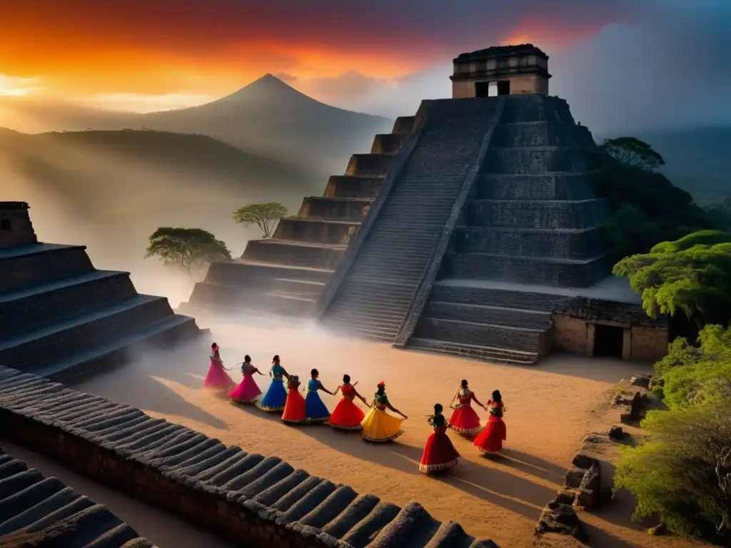 Ritual danza pulque México: Dancers in vibrant costumes perform ancestral dance amidst ancient ruins