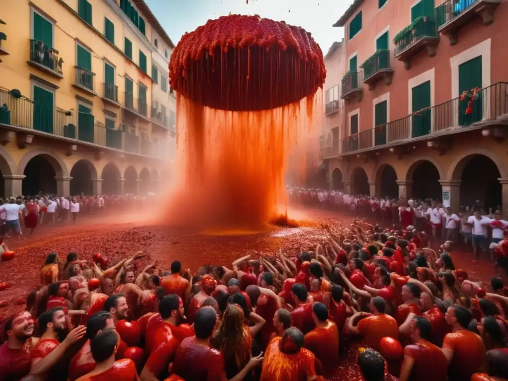 Historia y significado de La Tomatina: vibrante caos de La Tomatina en Buñol, España, con multitud entusiasta, calles estrechas llenas de pulpa de tomate y atmósfera surrealista de jugo rojo suspendido en el aire