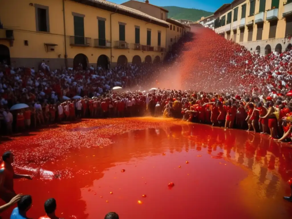 La Tomatina: festividad tradicional con caos vibrante y participantes entusiastas inmersos en una lucha de tomates