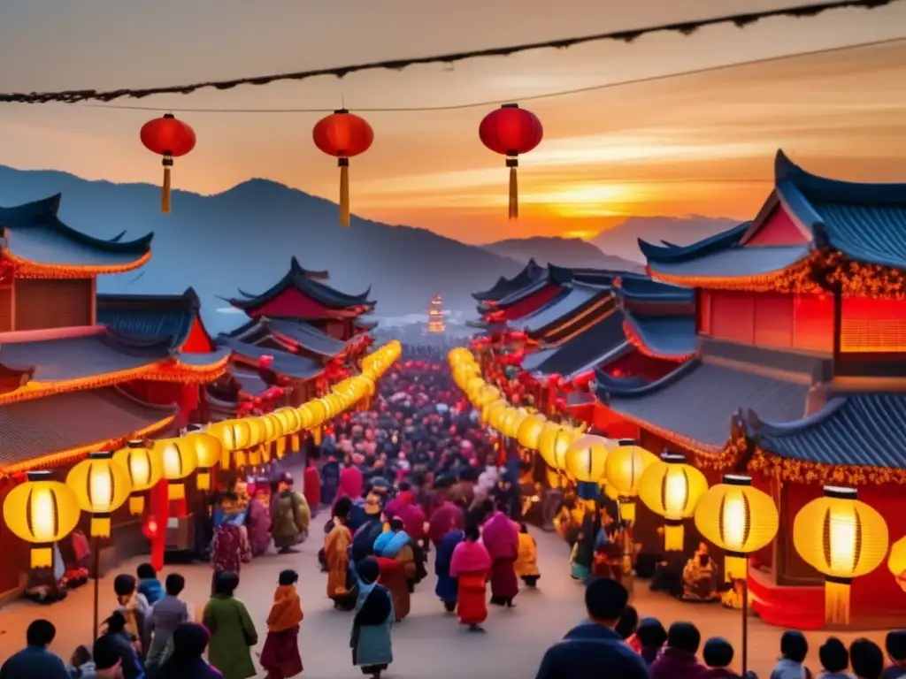 Evolución de festivales tradicionales Lejano Oriente - Escena mágica con farolillos, gente y arquitectura tradicional y moderna