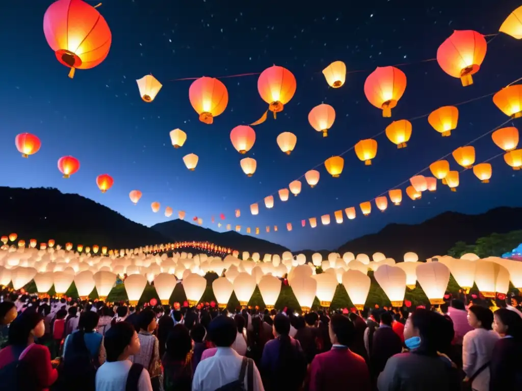 Festival globos papel Taiwán en cielo estrellado con miles de linternas de papel de colores creando una atmósfera mágica