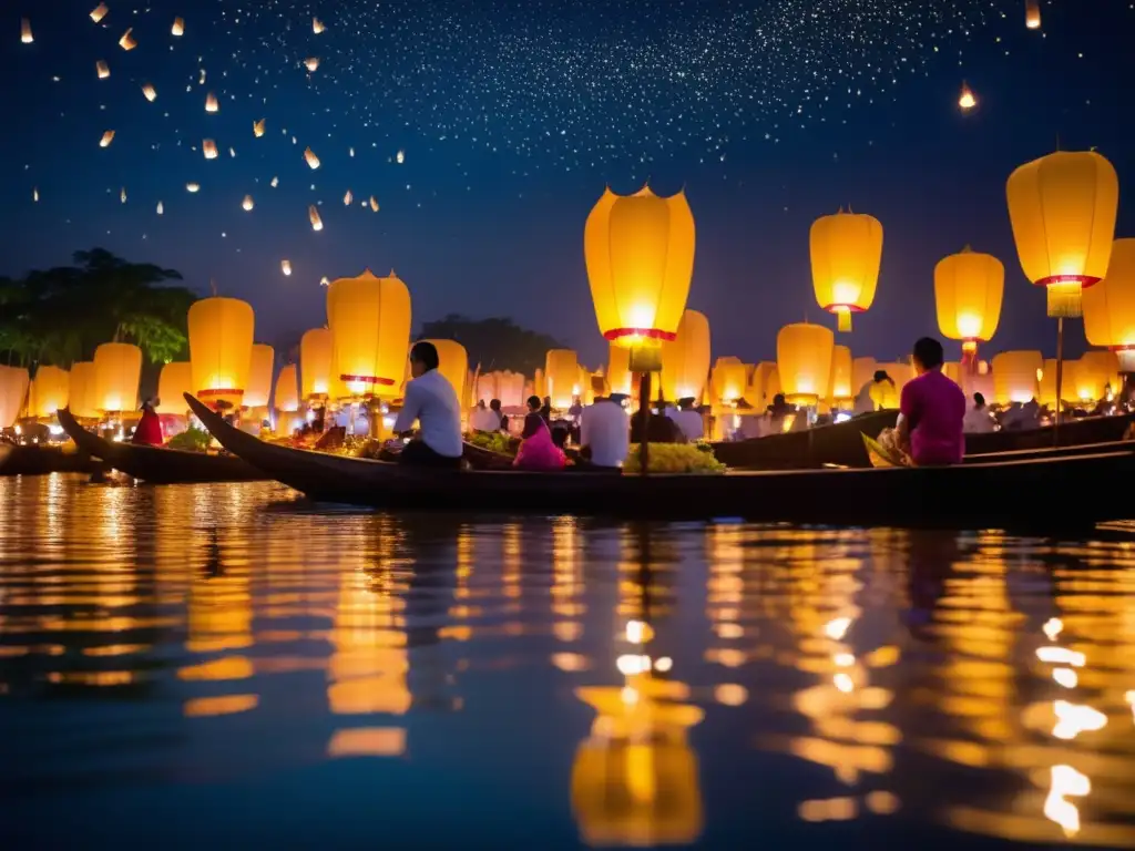 Festival de Luces Tailandia: noche mágica con miles de linternas flotantes, reflejadas en el río, iluminando antiguos templos y estrellado cielo