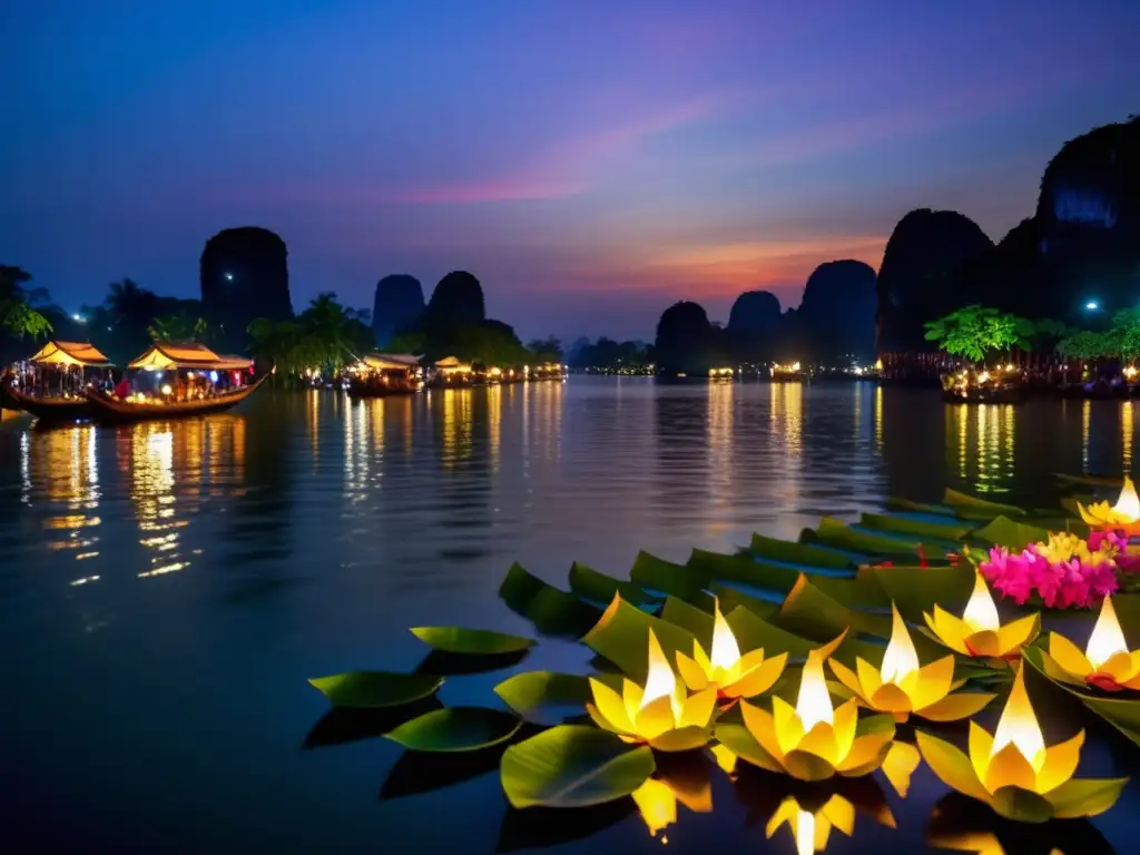 Festival Luces Tailandia: Sereno río, miles de lámparas flotan, reflejando el cielo y el majestuoso templo dorado