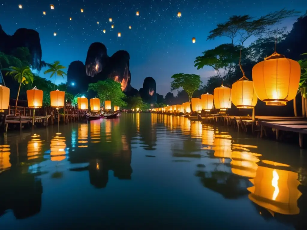 Festival de las Luces Tailandia en un hermoso río iluminado por linternas flotantes y estrellas, rodeado de vegetación