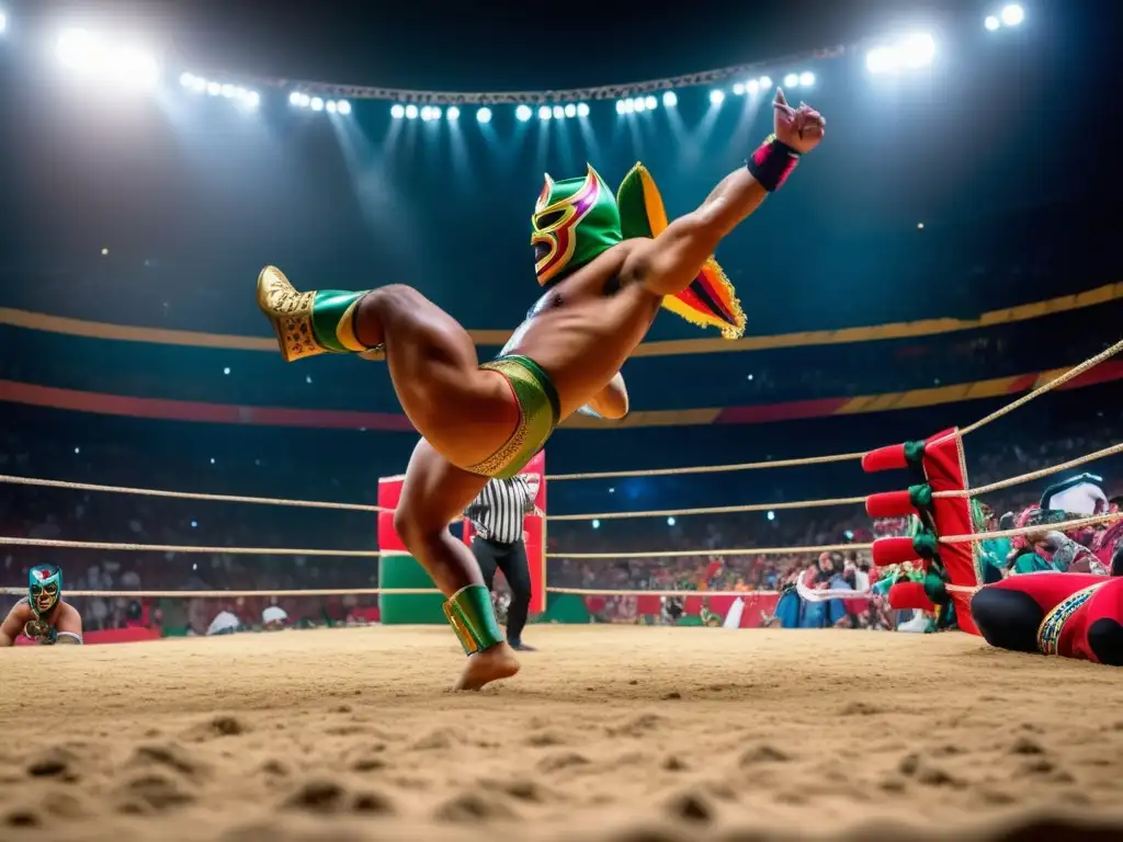 Festivales de lucha en culturas: imagen impactante de lucha libre con luchadores en acción y público emocionado