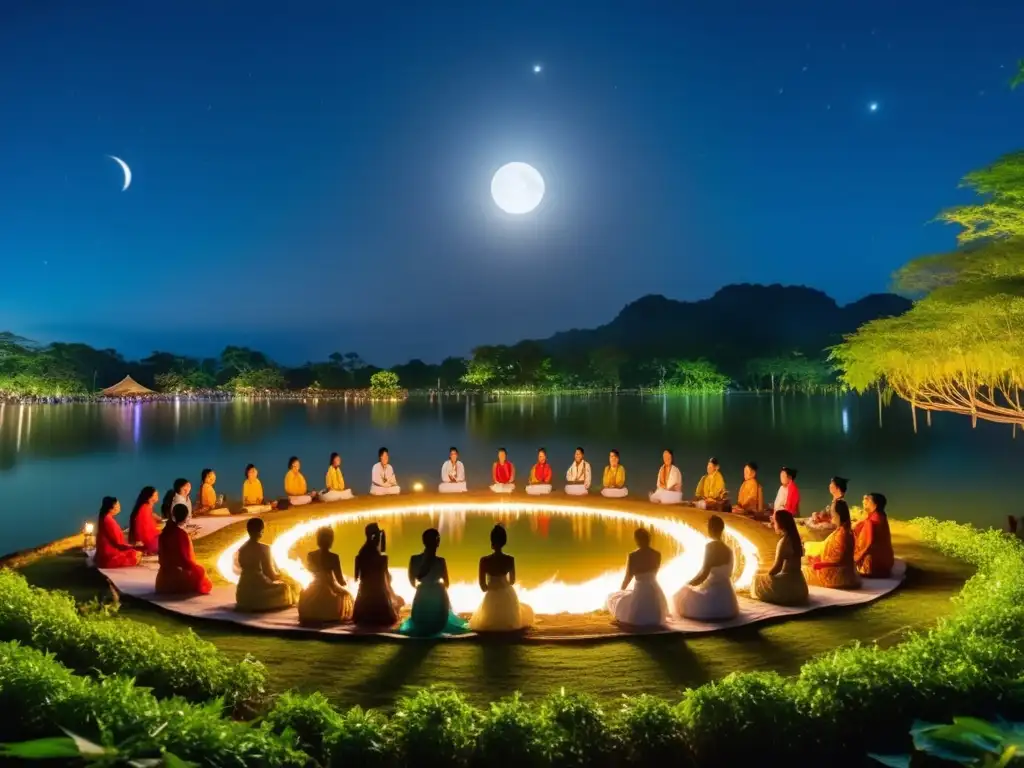 Escena mística del Festival de la Luna Llena en Tailandia, resaltando tradiciones y espiritualidad