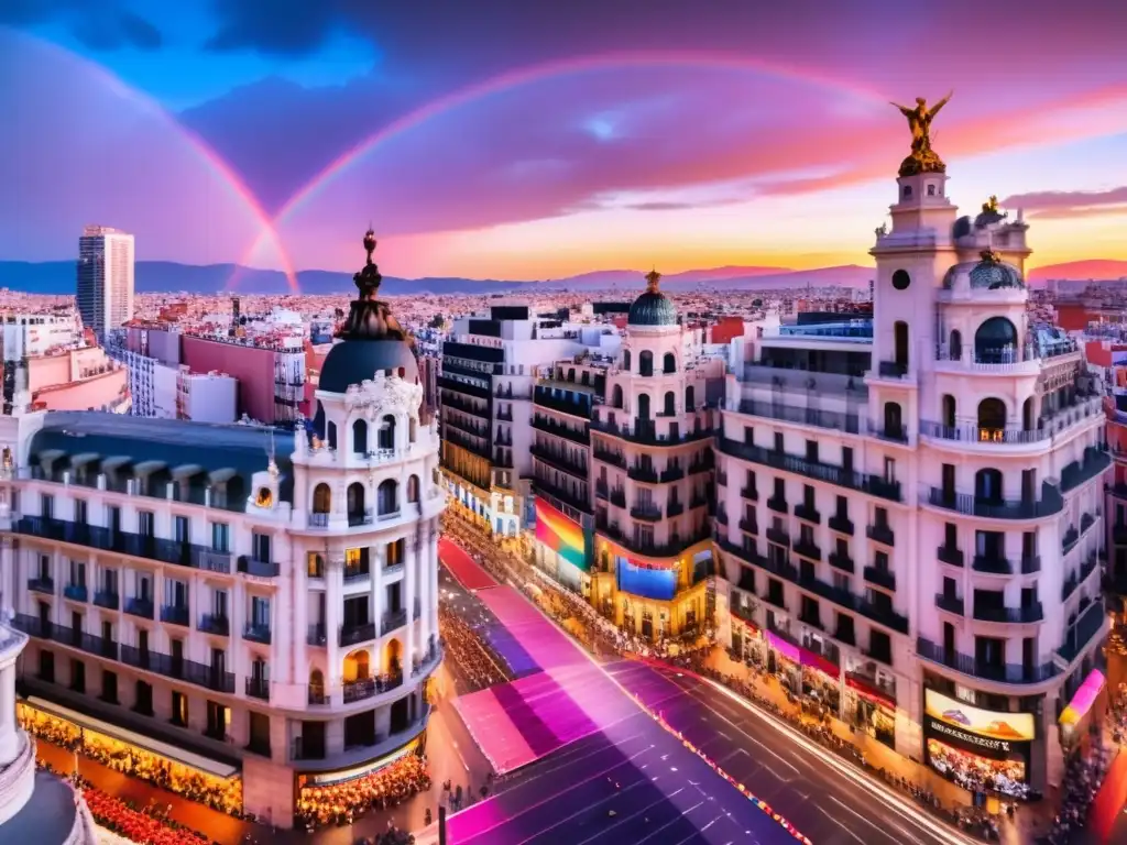 Festival Orgullo Madrid: Atardecer espectacular en la Gran Vía con luces de colores, multitud animada y espíritu de amor y aceptación