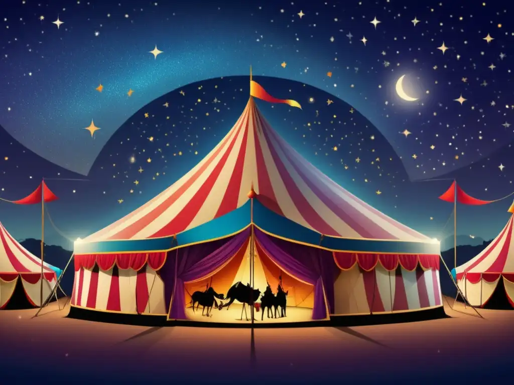 Imagen de un circo nocturno con una carpa vibrante y artistas en silueta