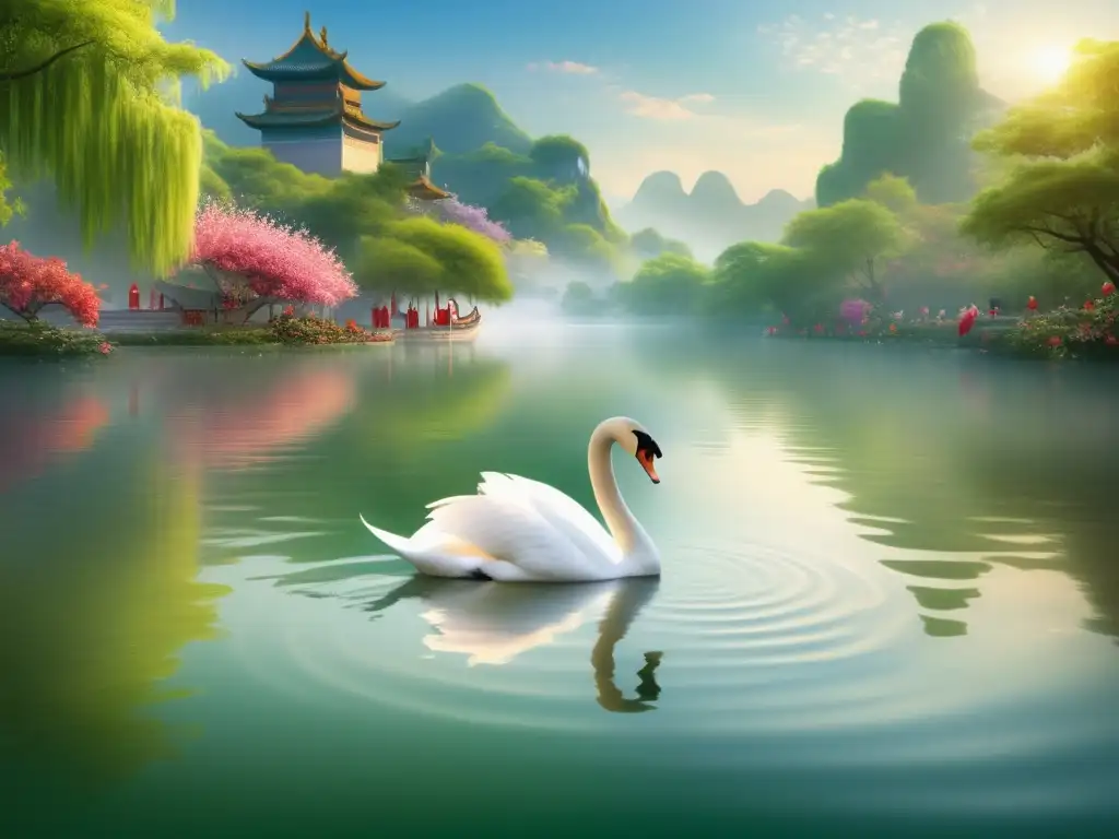 Imagen del Festival de Danza de los Cisnes de China: una escena mágica con un cisne bailarín y paisajes exuberantes