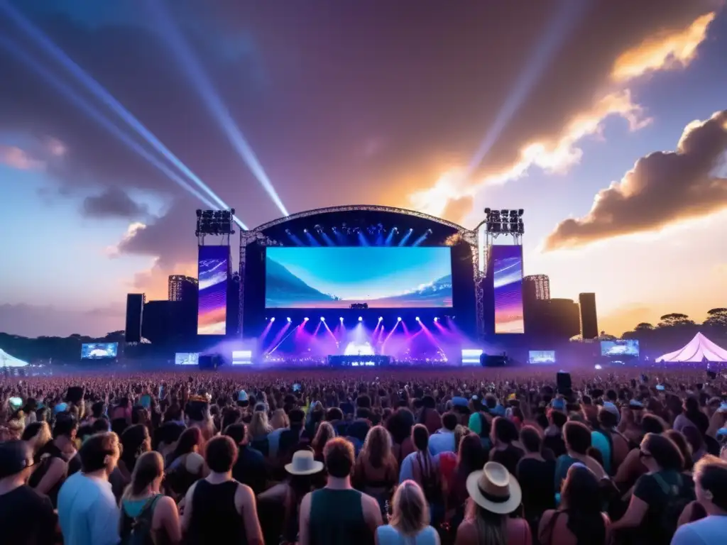 Historia y evolución de festivales: Escena mágica de un festival con música, luces y emocionantes asistentes