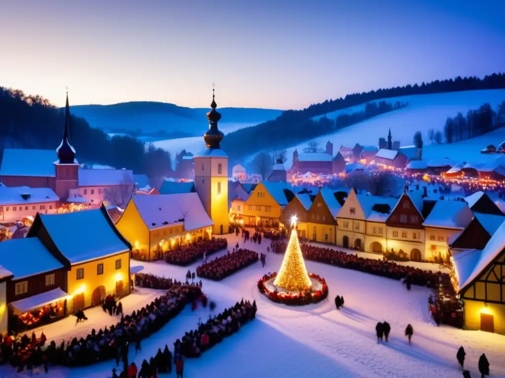 Festival de los Tres Reyes en Polonia: Pintoresco pueblo, luz etérea, árboles iluminados, niños esperando la procesión, atmósfera mágica