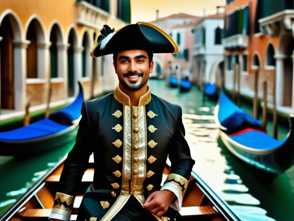 Celebración del Carnaval de Venecia con góndola, máscaras y el Puente Rialto