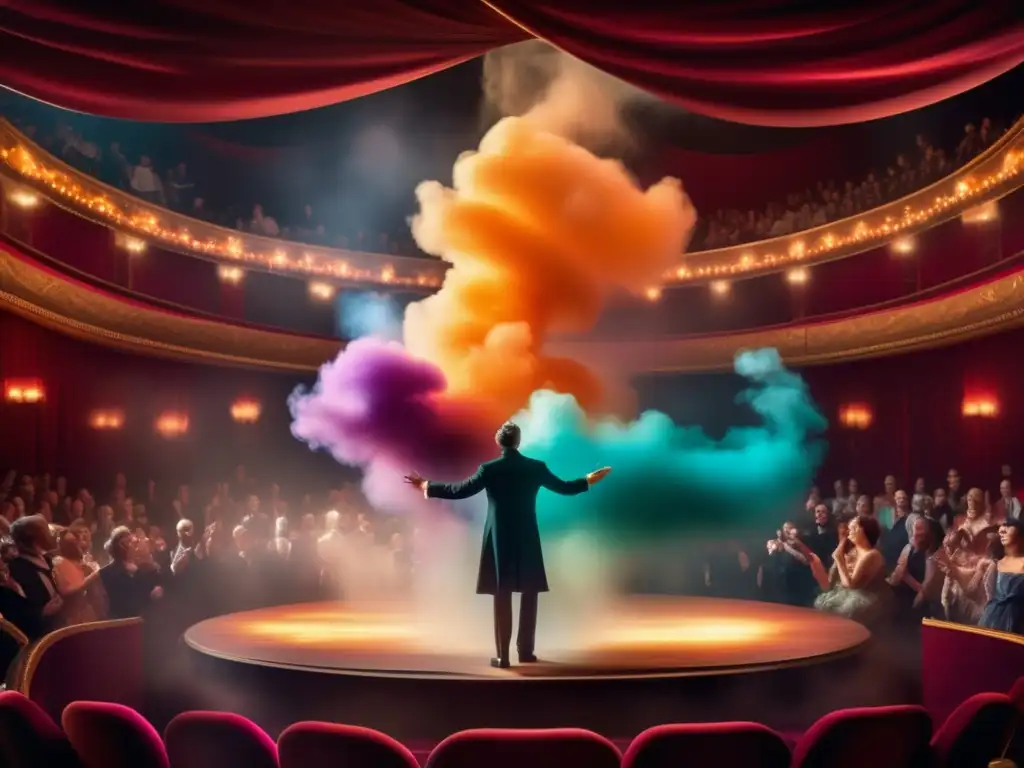 Escena mágica en un teatro con espectáculo de magia y público emocionado