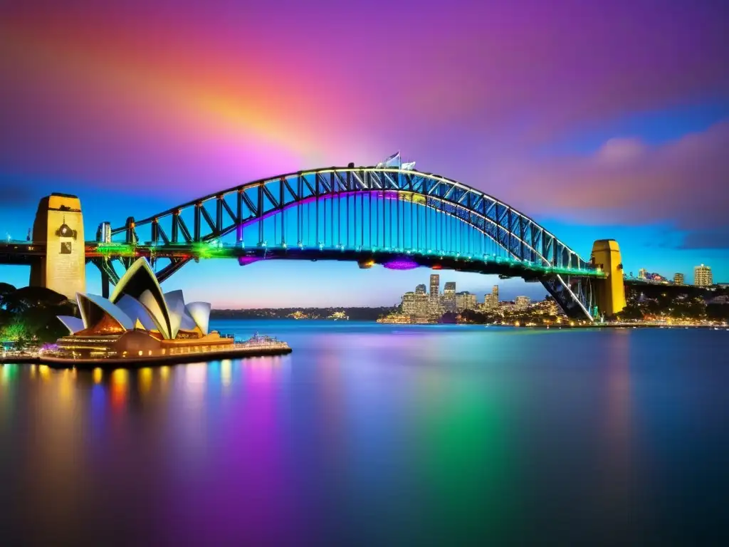 Beneficios del Mardi Gras Gay Sydney: Puente de Sydney iluminado en colores vibrantes, reflejando su luz en el agua del puerto